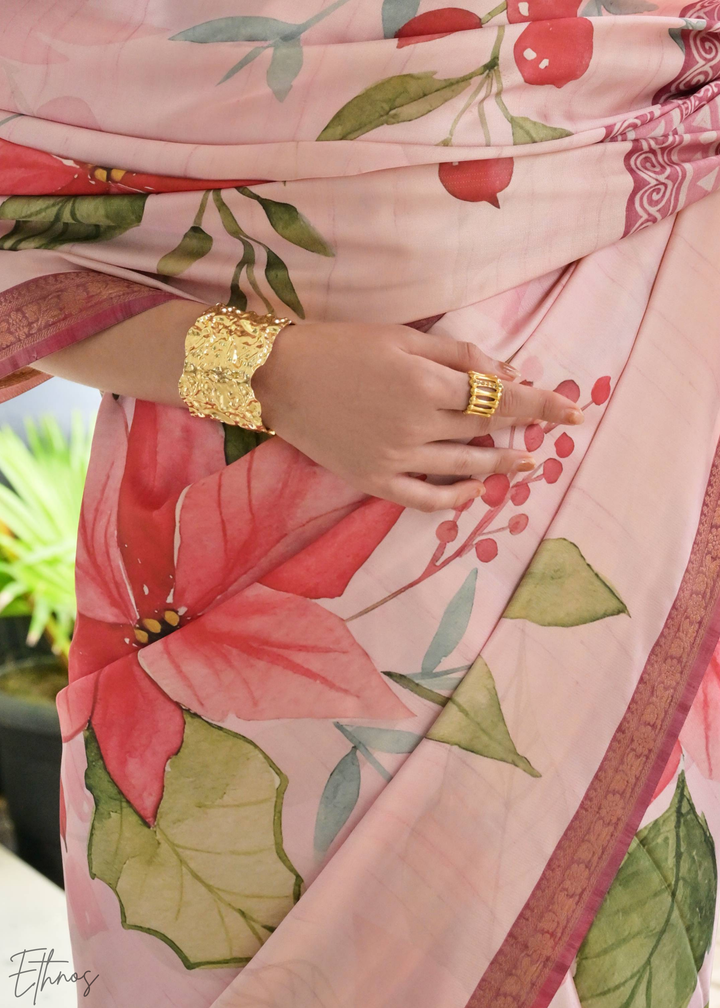 Pink Floral Zari Satin Silk Saree