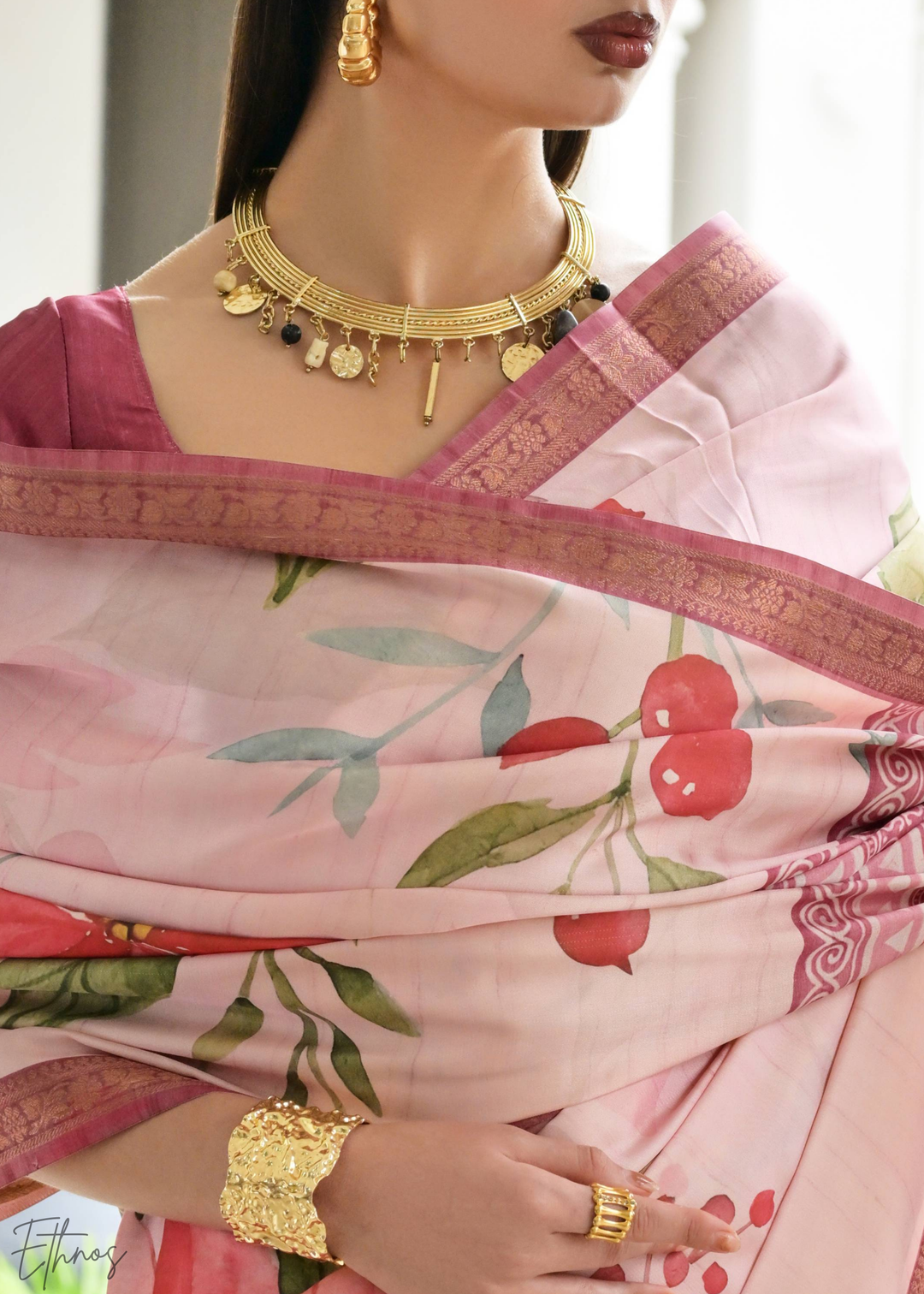Pink Floral Zari Satin Silk Saree