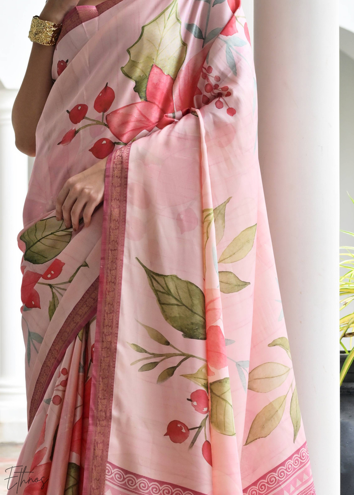 Pink Floral Zari Satin Silk Saree