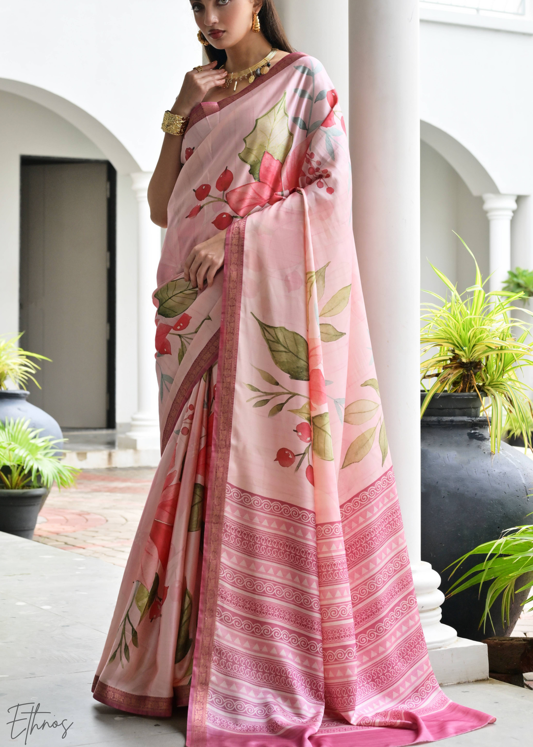 Pink Floral Zari Satin Silk Saree
