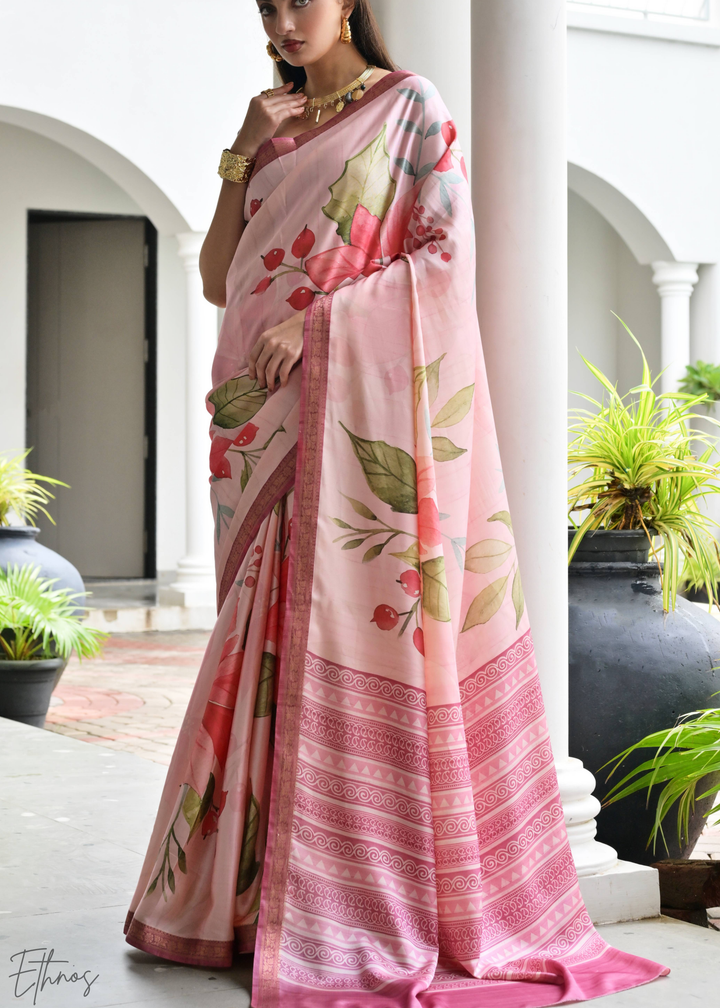 Pink Floral Zari Satin Silk Saree