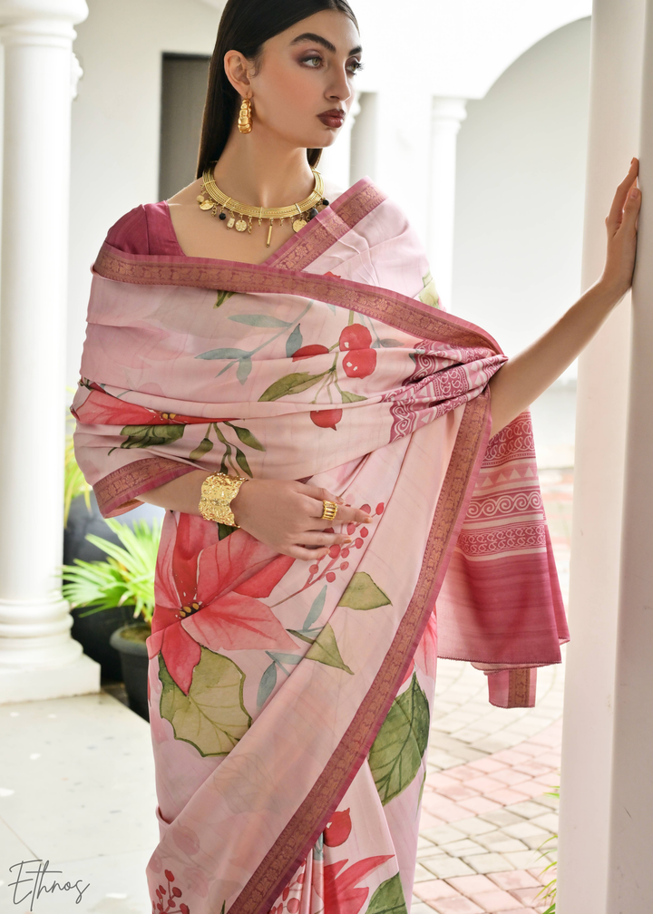 Pink Floral Zari Satin Silk Saree