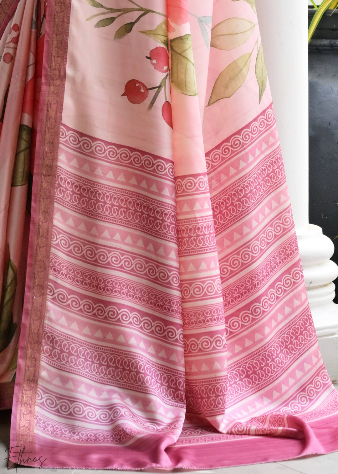 Pink Floral Zari Satin Silk Saree
