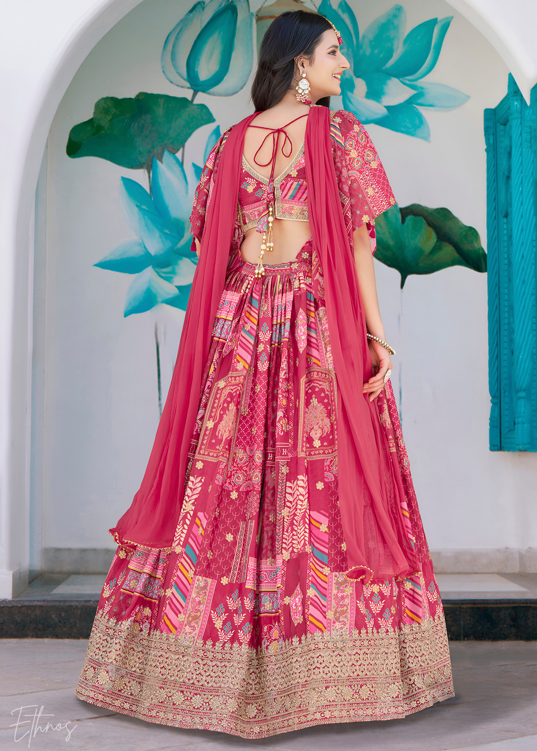 Pink Printed Embroidered Chinon Silk Lehenga