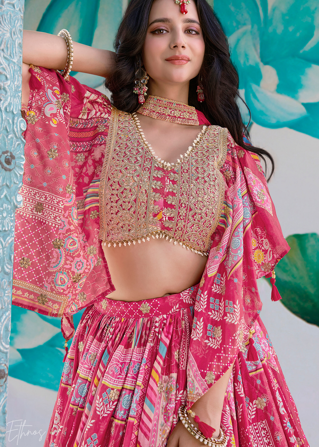 Pink Printed Embroidered Chinon Silk Lehenga