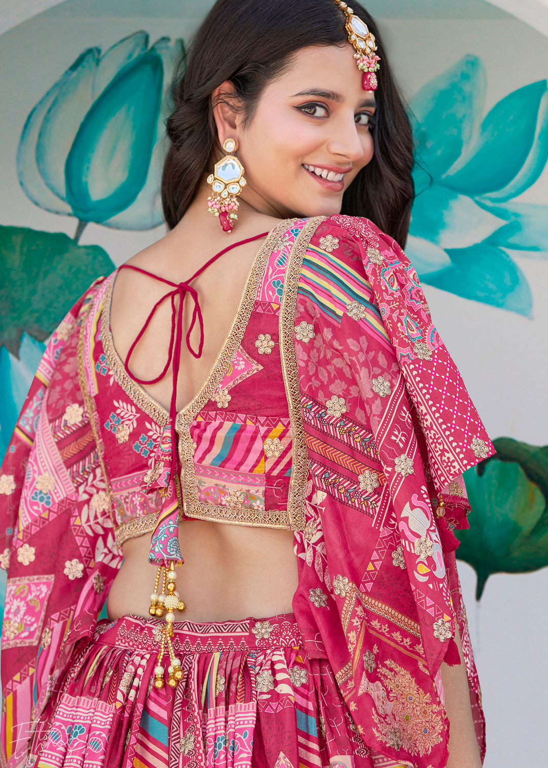 Pink Printed Embroidered Chinon Silk Lehenga
