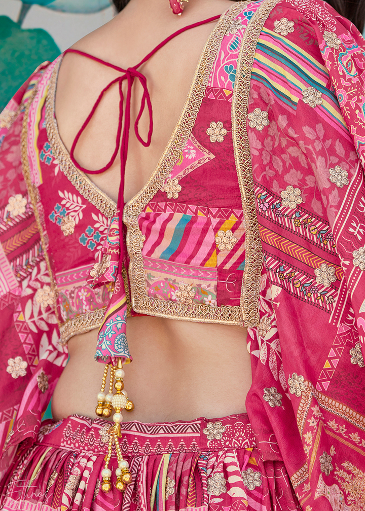 Pink Printed Embroidered Chinon Silk Lehenga