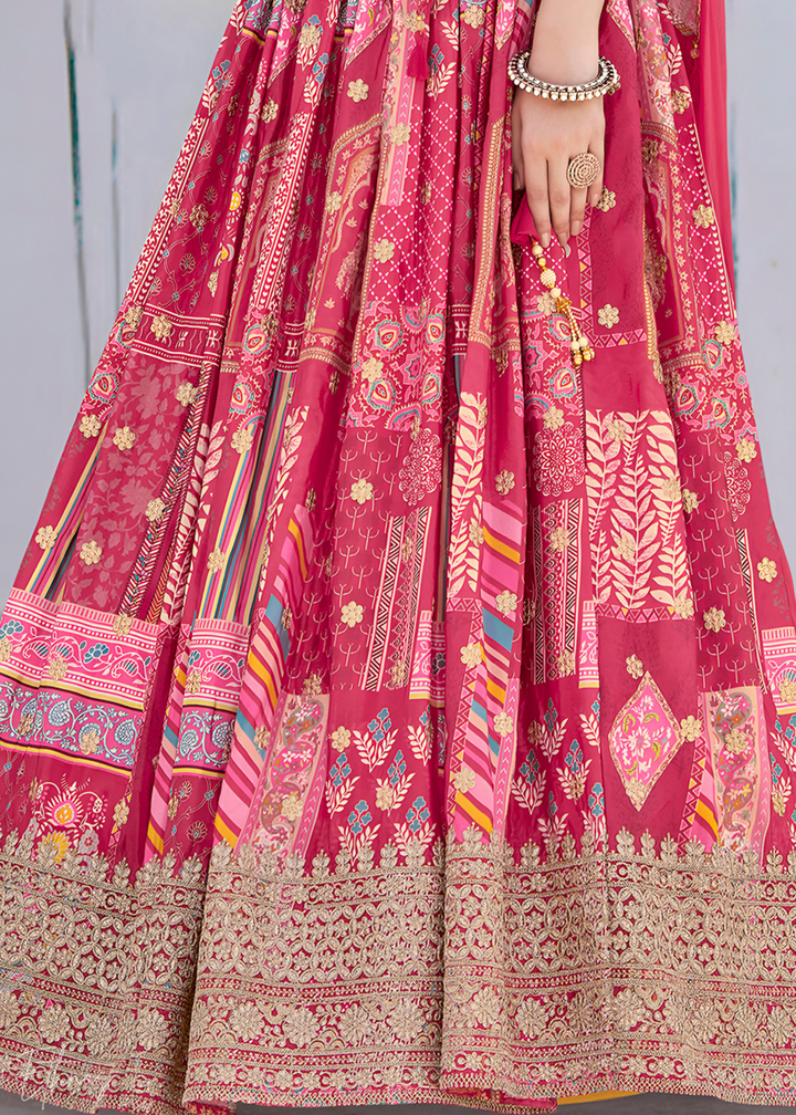 Pink Printed Embroidered Chinon Silk Lehenga
