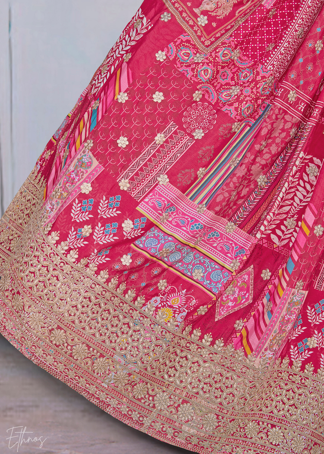 Pink Printed Embroidered Chinon Silk Lehenga