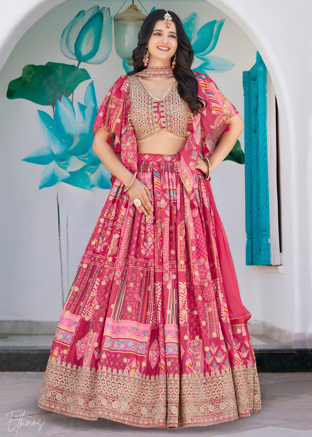 Pink Printed Embroidered Chinon Silk Lehenga