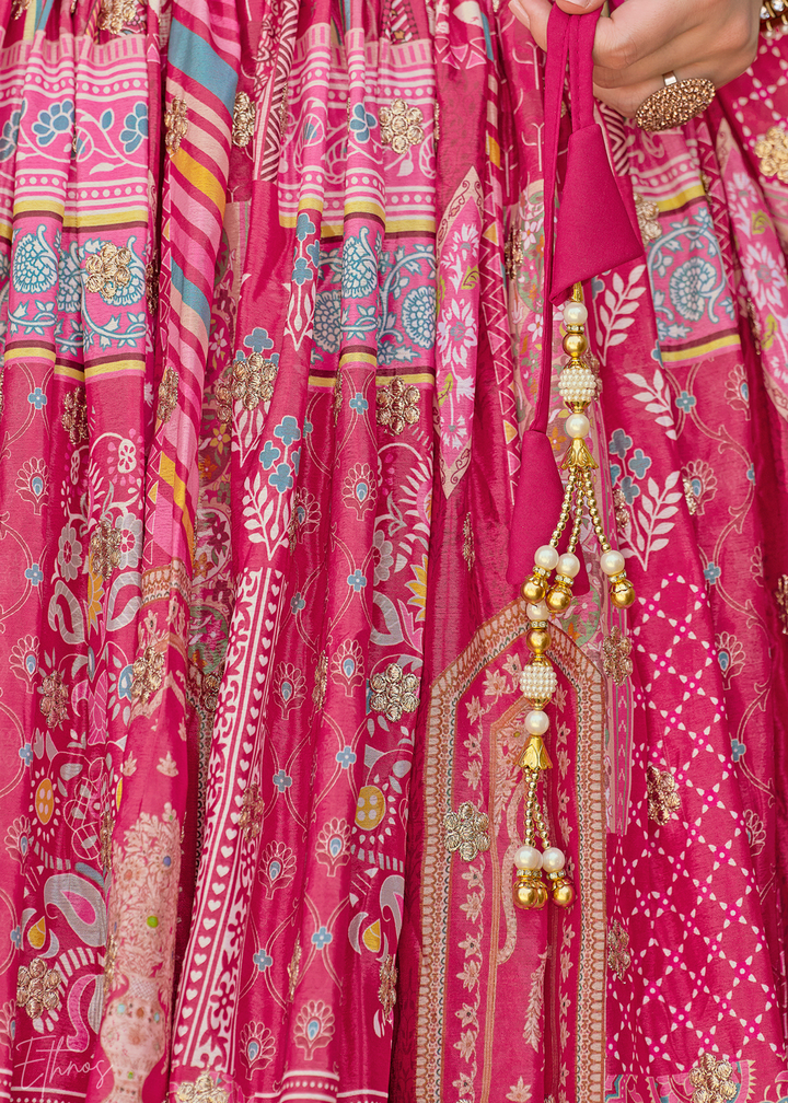 Pink Printed Embroidered Chinon Silk Lehenga