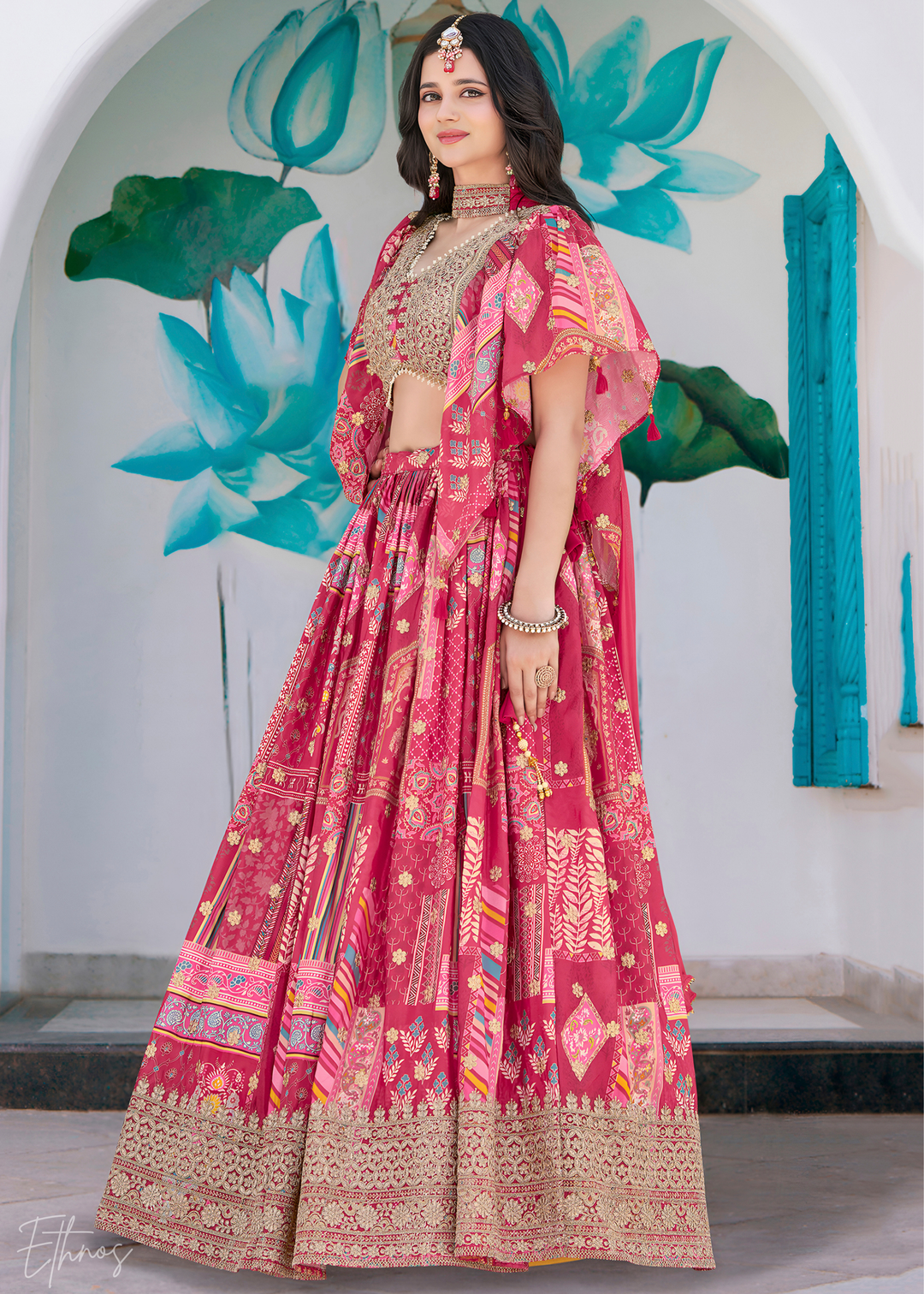 Pink Printed Embroidered Chinon Silk Lehenga