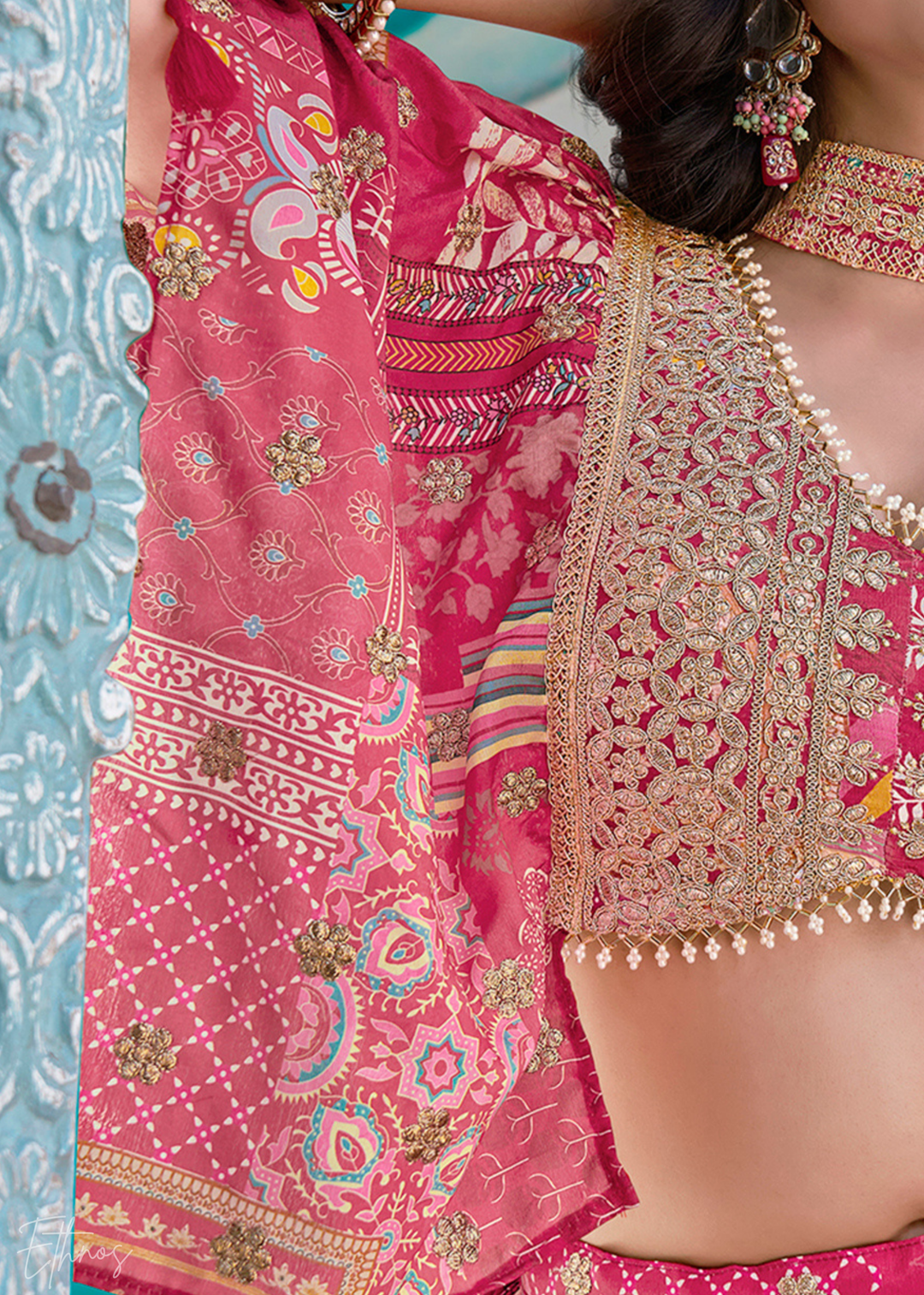 Pink Printed Embroidered Chinon Silk Lehenga