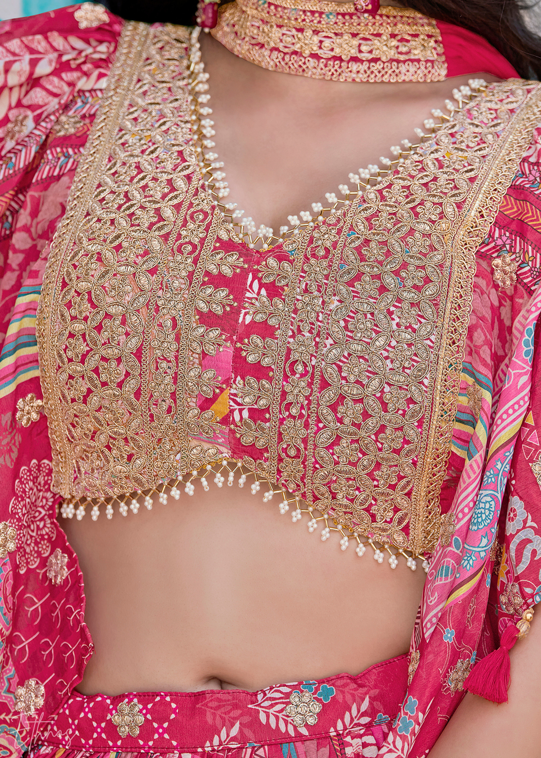 Pink Printed Embroidered Chinon Silk Lehenga