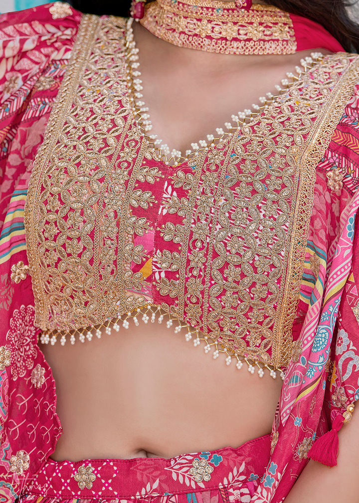 Pink Printed Embroidered Chinon Silk Lehenga