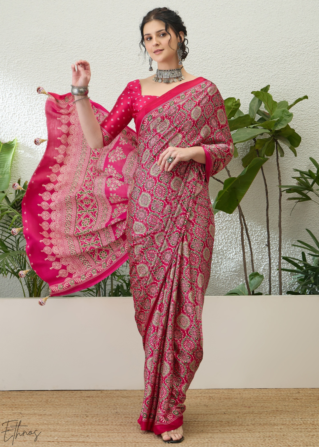 Pink Sapphire Ajrakh Print Modal Silk Saree