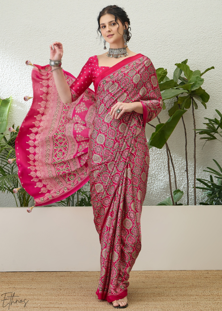 Pink Sapphire Ajrakh Print Modal Silk Saree