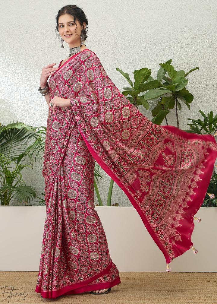 Pink Sapphire Ajrakh Print Modal Silk Saree