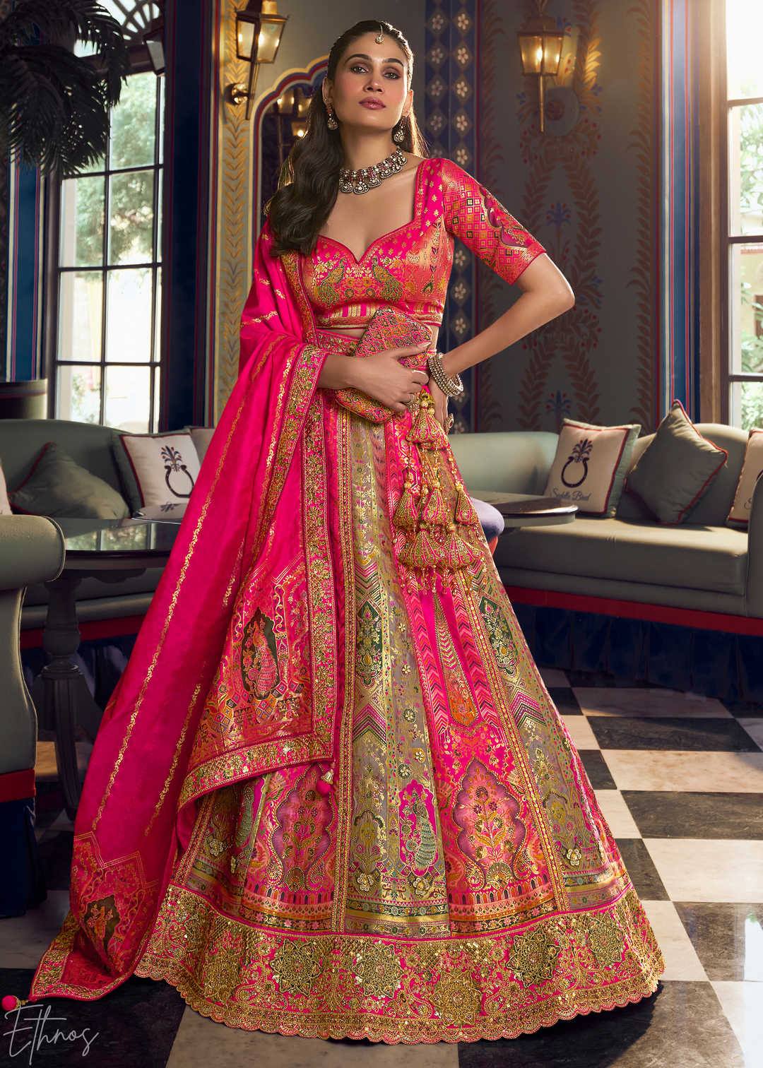 Hot Pink Sapphire Floral Jaal Banarasi Silk Lehenga