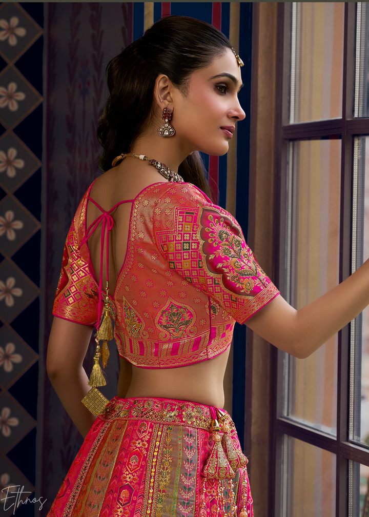 Hot Pink Sapphire Floral Jaal Banarasi Silk Lehenga