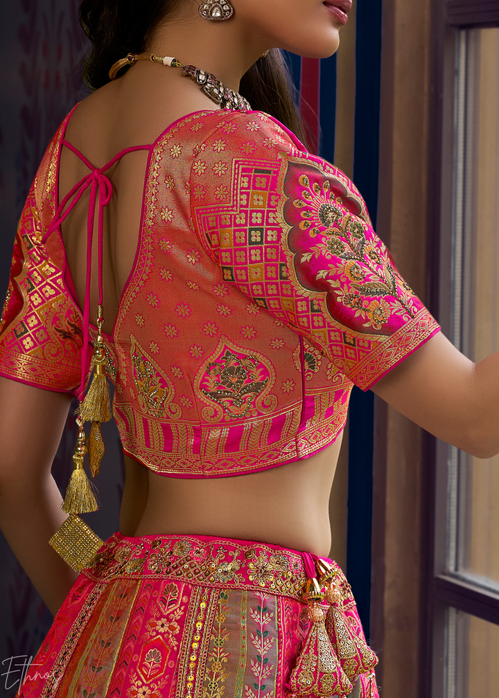 Hot Pink Sapphire Floral Jaal Banarasi Silk Lehenga