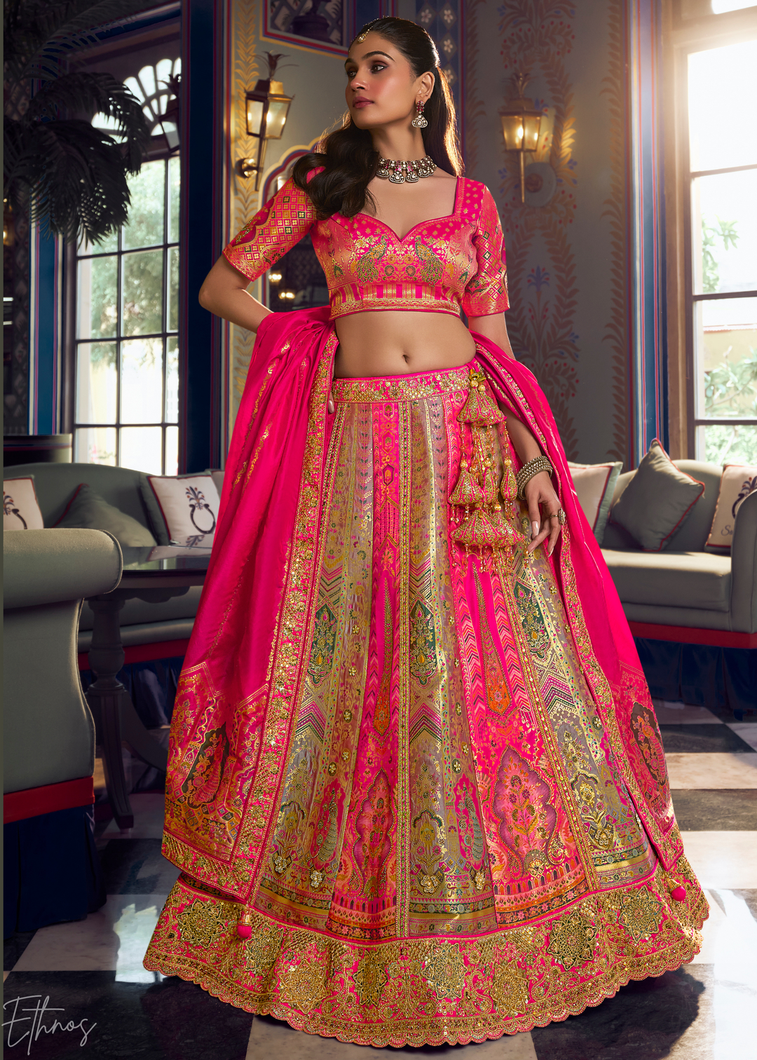 Hot Pink Sapphire Floral Jaal Banarasi Silk Lehenga