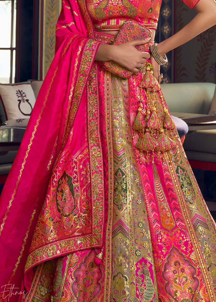 Hot Pink Sapphire Floral Jaal Banarasi Silk Lehenga