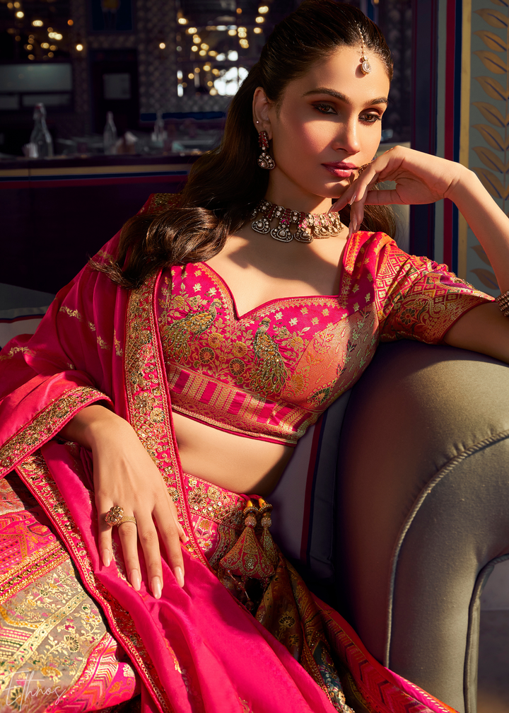 Hot Pink Sapphire Floral Jaal Banarasi Silk Lehenga