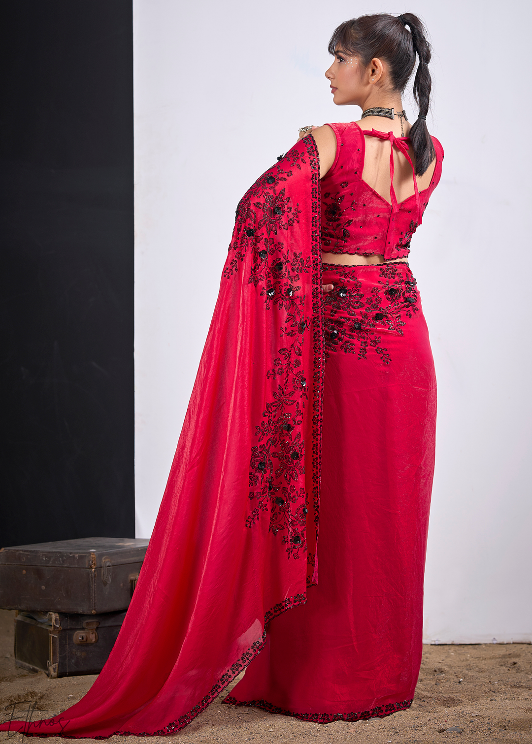 Pink Spinel Floral Swarovski Fendy Satin Silk Saree