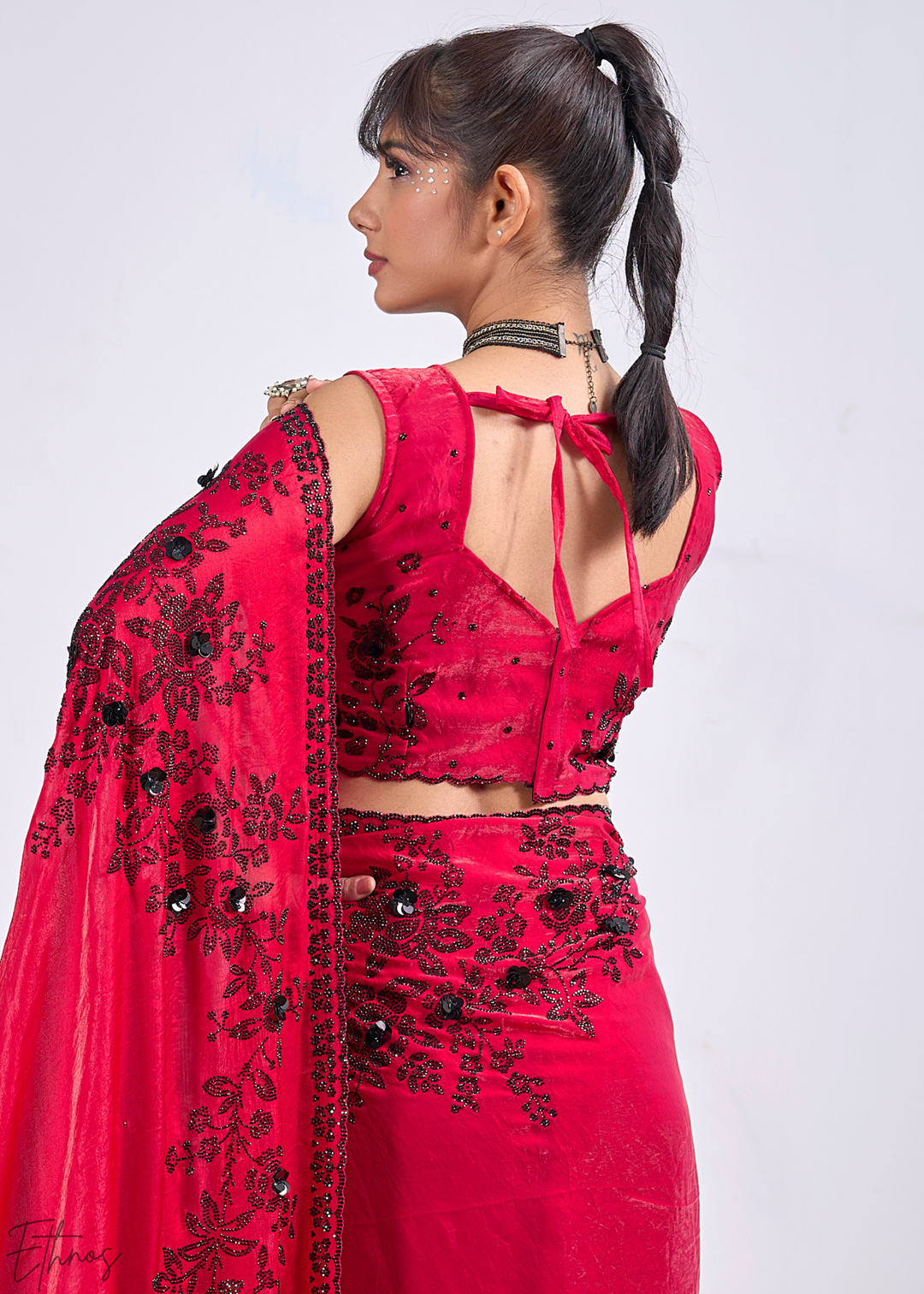 Pink Spinel Floral Swarovski Fendy Satin Silk Saree