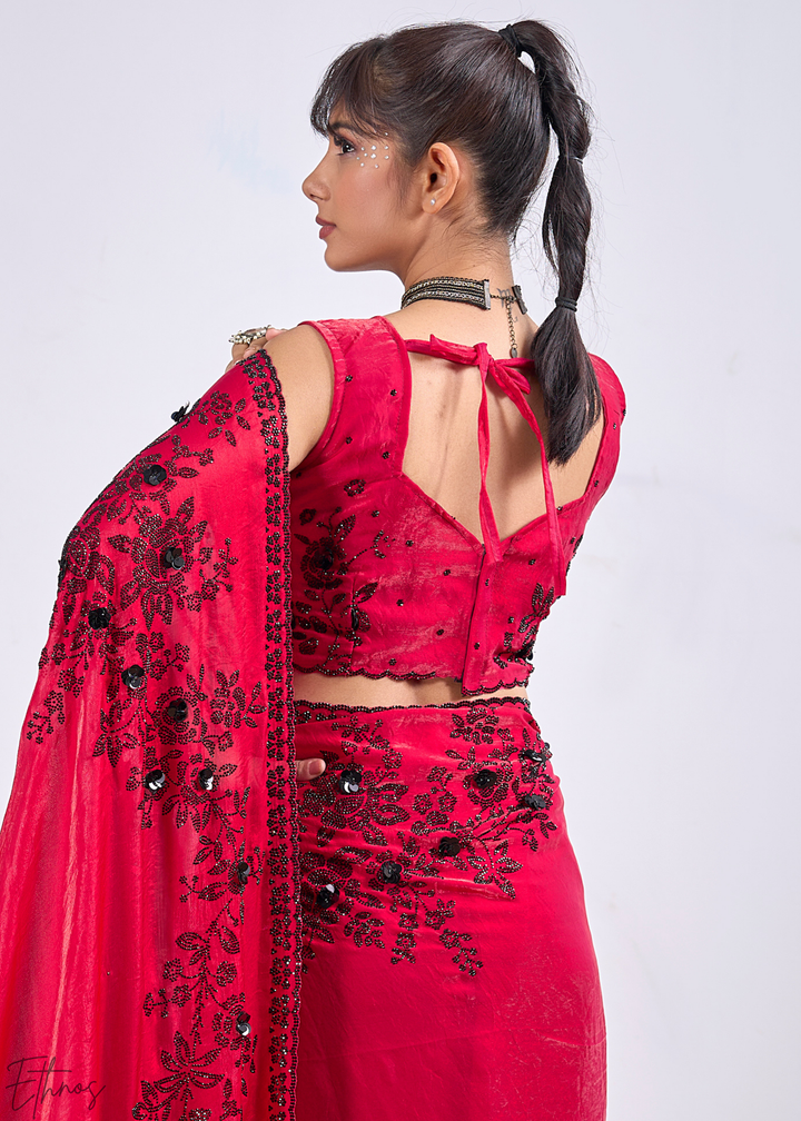Pink Spinel Floral Swarovski Fendy Satin Silk Saree