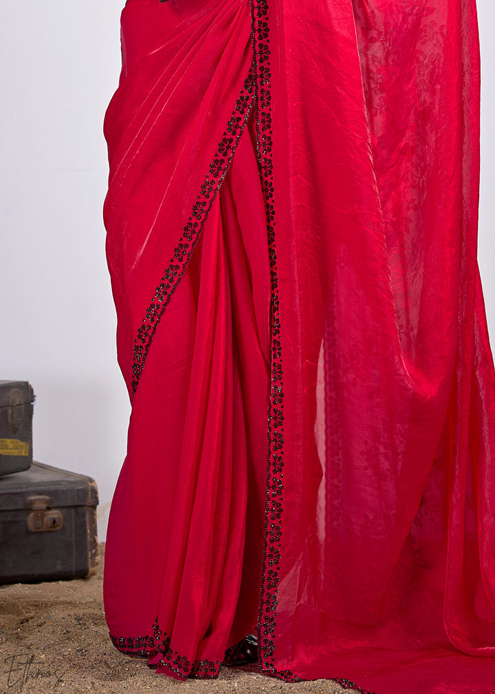 Pink Spinel Floral Swarovski Fendy Satin Silk Saree