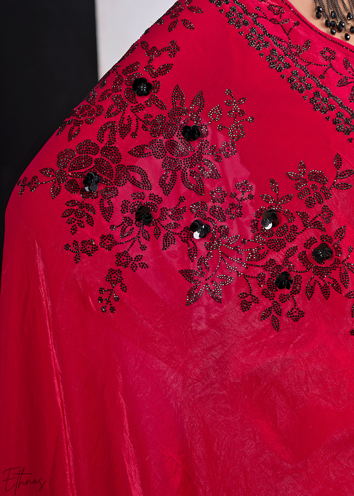 Pink Spinel Floral Swarovski Fendy Satin Silk Saree