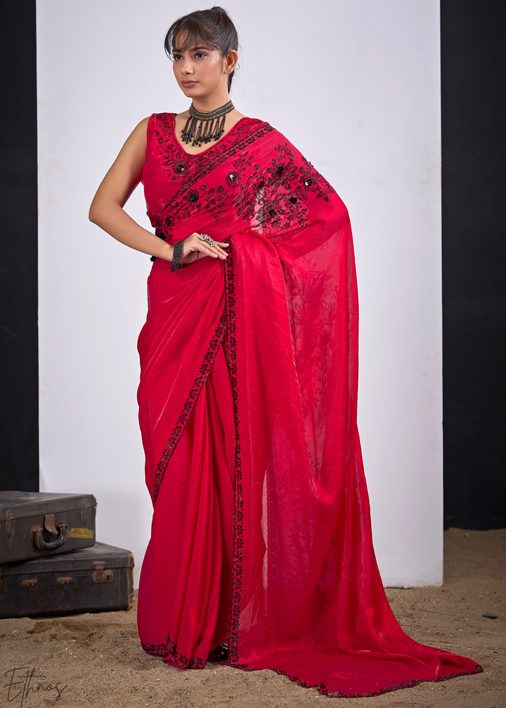 Pink Spinel Floral Swarovski Fendy Satin Silk Saree