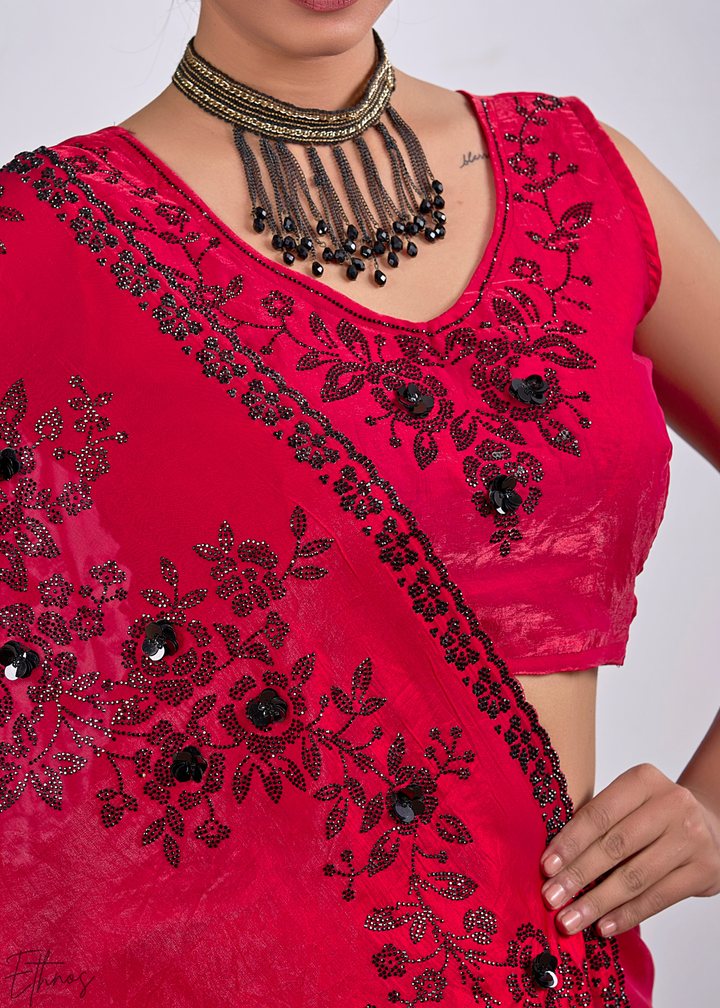 Pink Spinel Floral Swarovski Fendy Satin Silk Saree