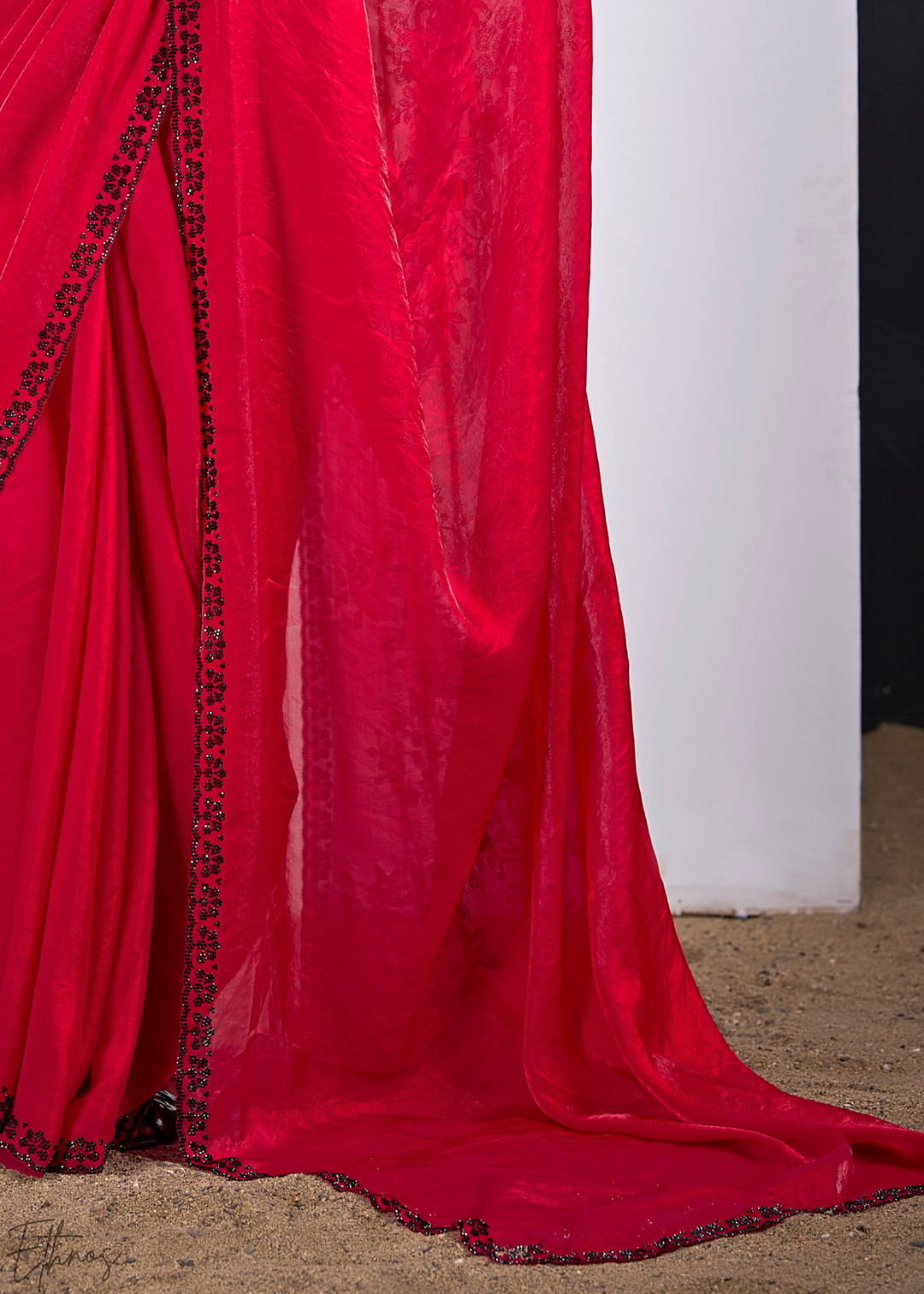 Pink Spinel Floral Swarovski Fendy Satin Silk Saree