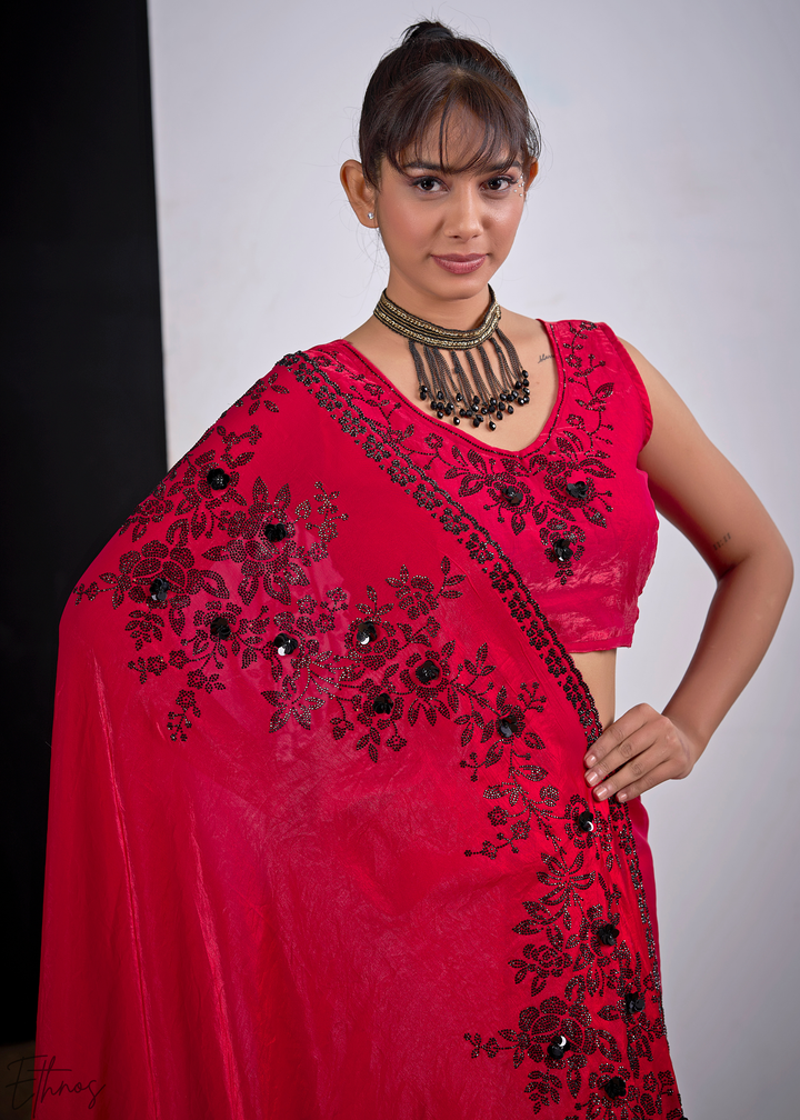 Pink Spinel Floral Swarovski Fendy Satin Silk Saree
