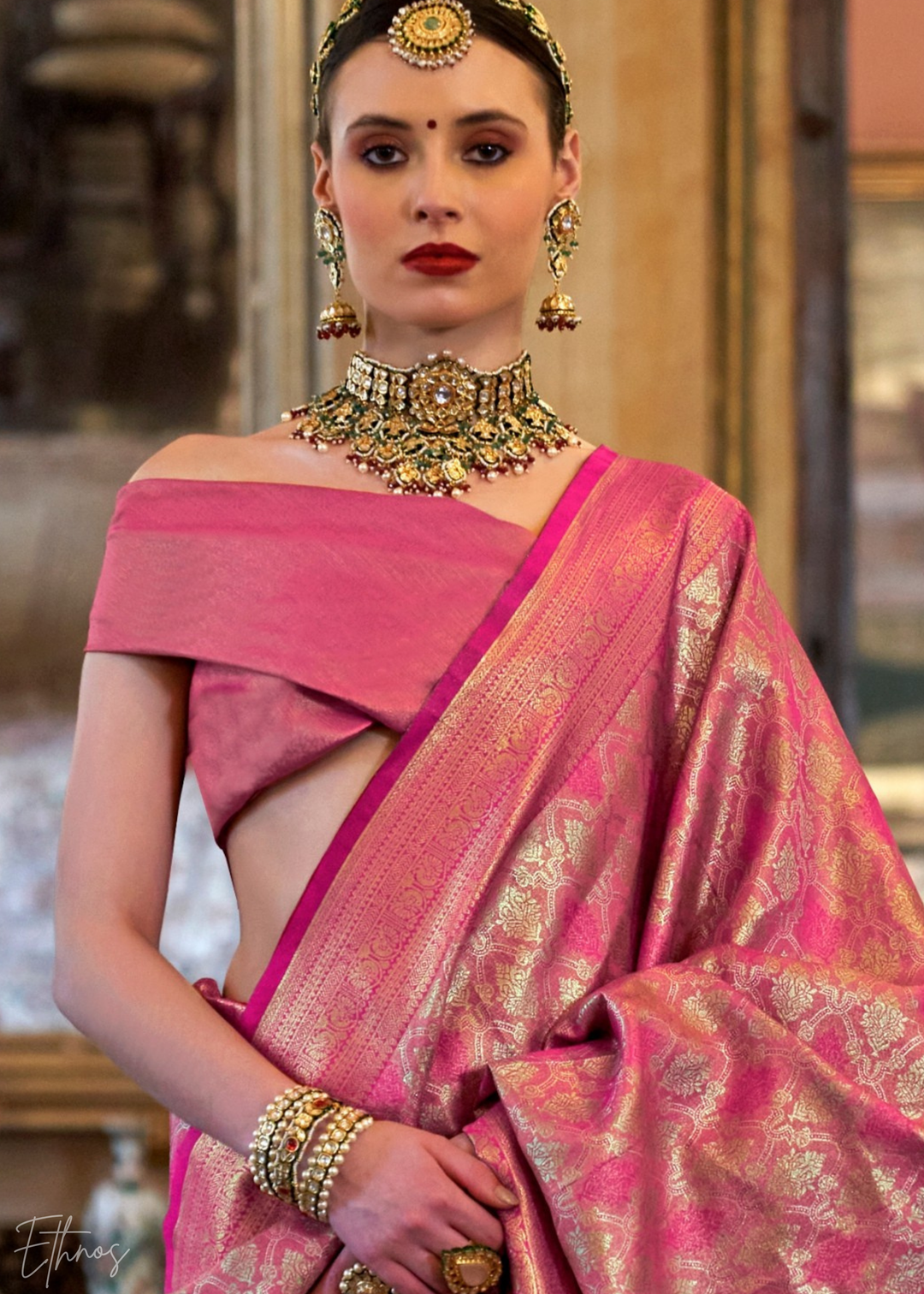 Pink Tissue Dharmavaram Silk Saree