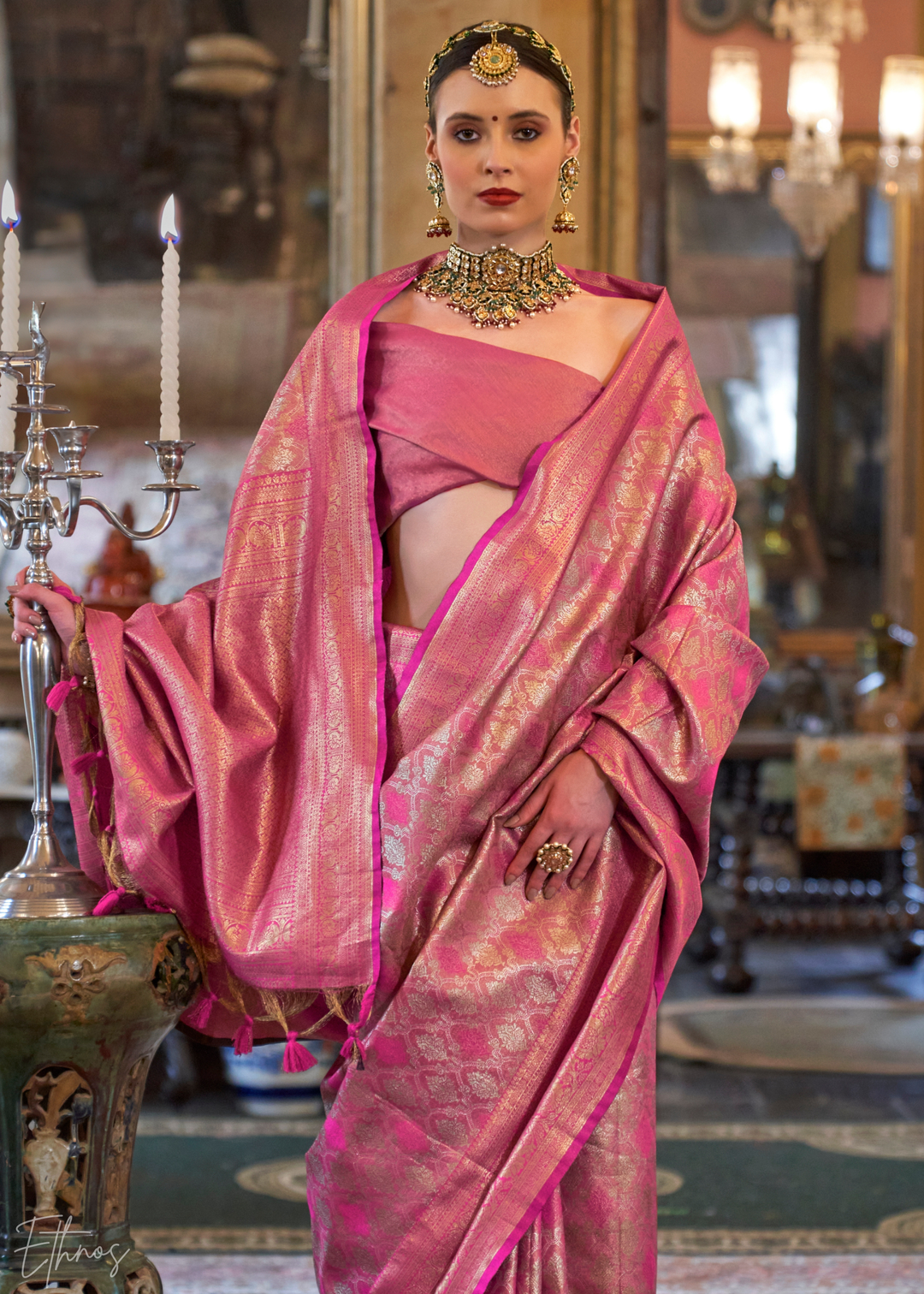 Pink Tissue Dharmavaram Silk Saree