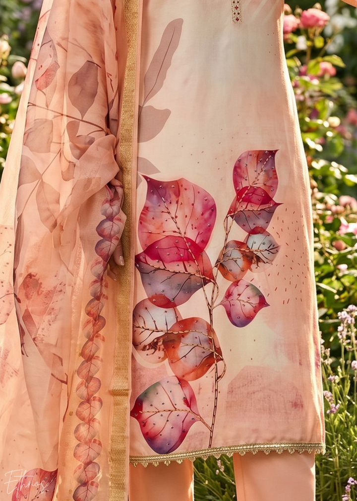 Peach Sorbet Watercolor-Blossom Rayon Cotton Palazzo Suit