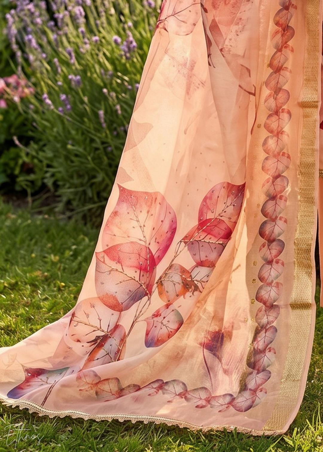 Peach Sorbet Watercolor-Blossom Rayon Cotton Palazzo Suit