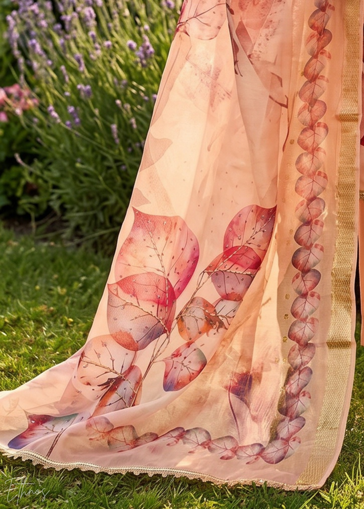 Peach Sorbet Watercolor-Blossom Rayon Cotton Palazzo Suit