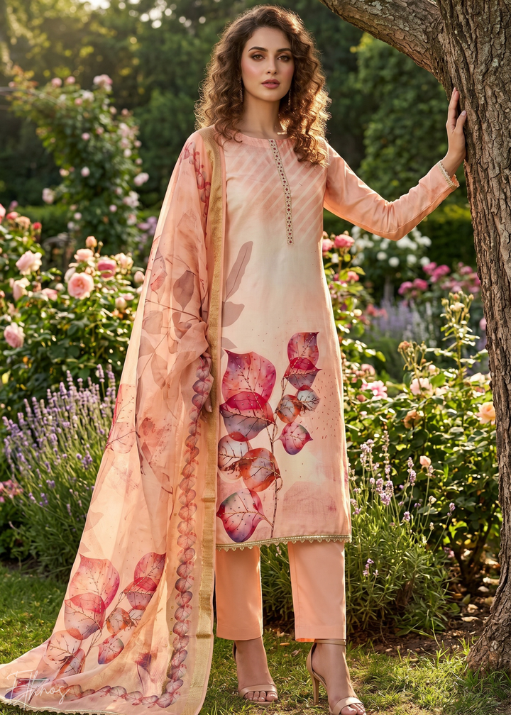 Peach Sorbet Watercolor-Blossom Rayon Cotton Palazzo Suit