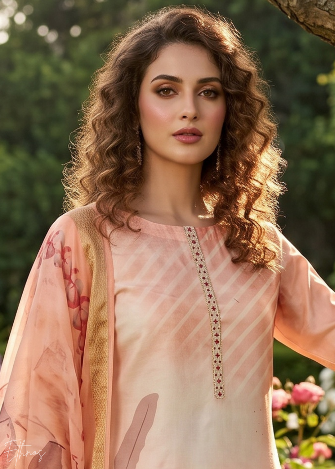 Peach Sorbet Watercolor-Blossom Rayon Cotton Palazzo Suit