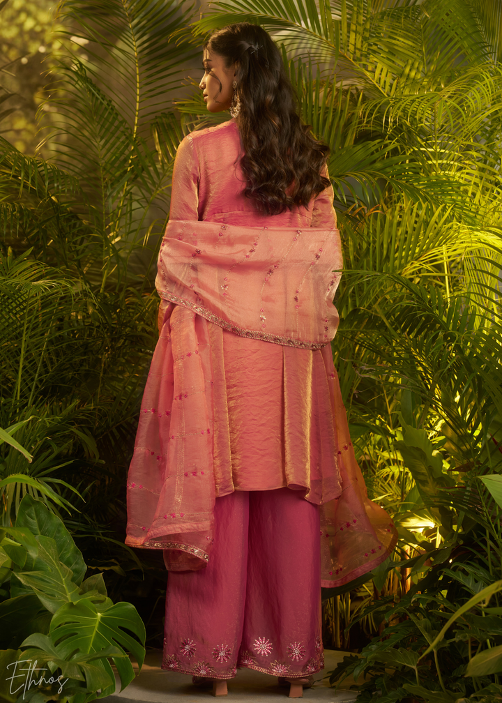 Rose Gold Zardozi Organza Kalidar  Kurta Palazzo Suit