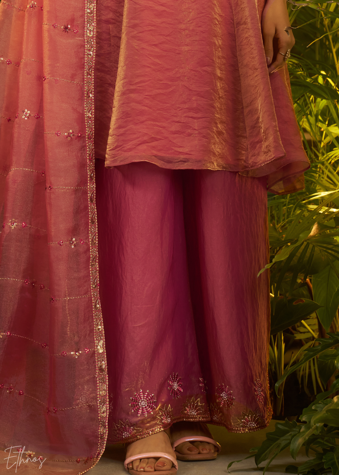 Rose Gold Zardozi Organza Kalidar  Kurta Palazzo Suit