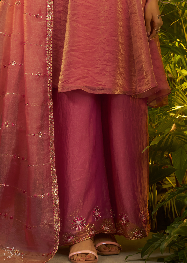 Rose Gold Zardozi Organza Kalidar  Kurta Palazzo Suit