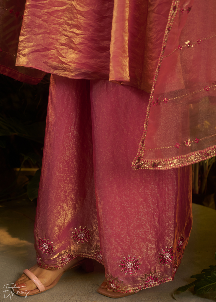 Rose Gold Zardozi Organza Kalidar  Kurta Palazzo Suit