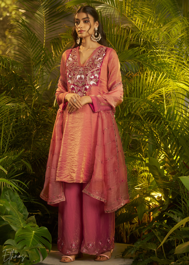 Rose Gold Zardozi Organza Kalidar  Kurta Palazzo Suit