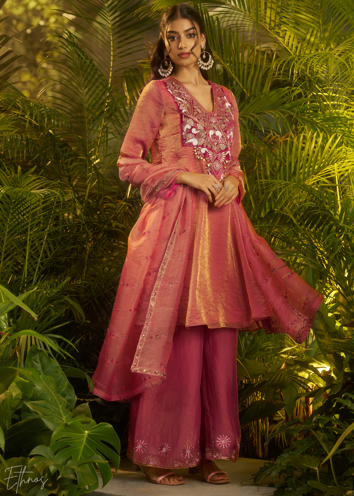 Rose Gold Zardozi Organza Kalidar  Kurta Palazzo Suit